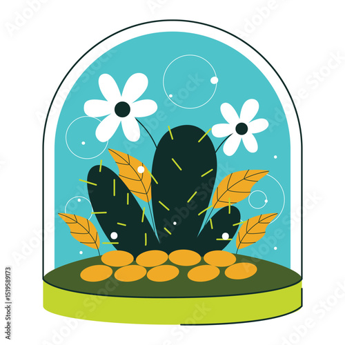 Illustration Of Cactus And Flowers Inside Glass Dome