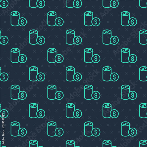 Green line Casino chip with dollar symbol icon isolated seamless pattern on blue background. Casino gambling. Vector