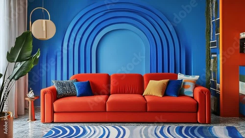 Vibrant Living Room with Red Sofa and Blue Arc Patterned Wall