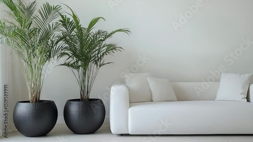 White couch next to two black and white planters, modern living room, minimalist decor, natural light, clean lines, stylish interior, cozy and fresh atmosphere