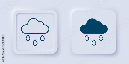 Filled and outline Cloud with rain icon isolated on grey background. Rain cloud precipitation with rain drops. Square button. Vector