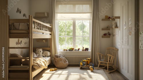 A childâ€™s room features a wooden bunk bed, plush toys, a small chair, and a large window that fills the space with light