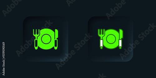 Green Plate, fork and knife icon isolated on black background. Cutlery symbol. Restaurant sign. Black square button. Vector