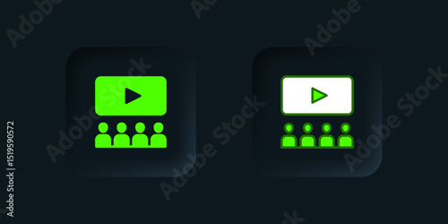 Green Cinema auditorium with screen icon isolated on black background. Black square button. Vector