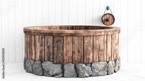 Wooden hot tub in a white room