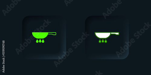 Green Frying pan on fire icon isolated on black background. Fry or roast food symbol. Black square button. Vector