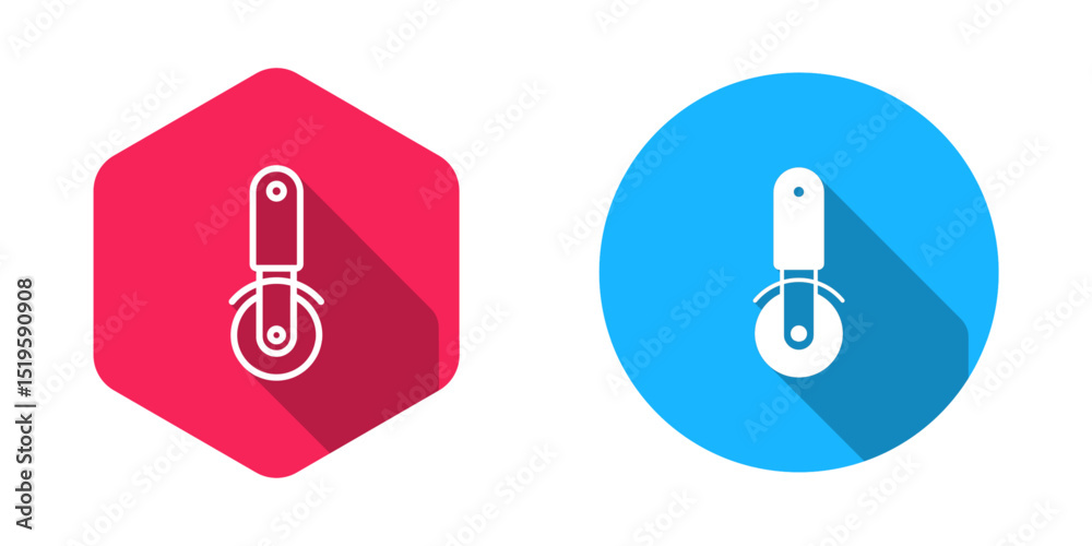 Filled and outline Pizza knife icon isolated with long shadow background. Pizza cutter sign. Steel kitchenware equipment. Vector Filled and outline Pizza knife icon isolated with long shadow background. Pizza cutter sign. Steel kitchenware equipment. Vector