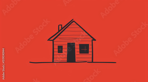 House Sketch Illustration: Simple Black Outline on Red Background