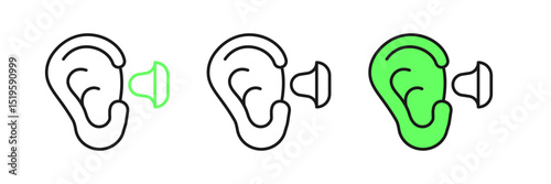 Set line Earplugs and ear icon isolated on white background. Ear plug sign. Noise symbol. Sleeping quality concept. Vector