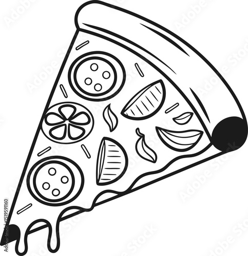 Delicious Pizza Slice A Black and White Illustration of a Veggie Pizza