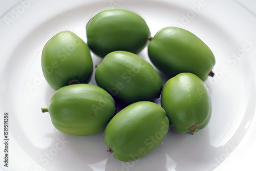 Fresh green kiwi berries arranged neatly on a white ceramic plat photo