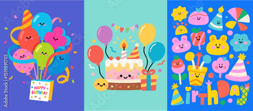 Colorful flat cute children's birthday poster greeting card - three types