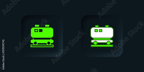 Green Oil railway cistern icon isolated on black background. Train oil tank on railway car. Rail freight. Oil industry. Black square button. Vector