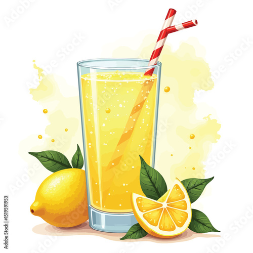 Refreshing lemonade glass with straw and lemons illustration for summer drink concept design art