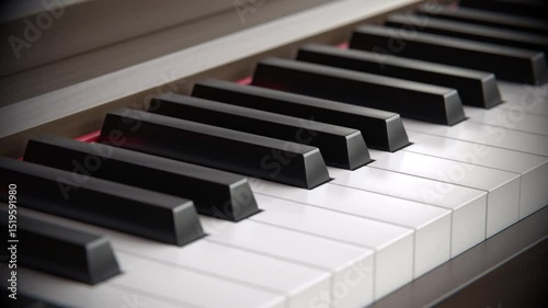 Digital piano camera pan, cinematic. Keys midi. Music and learning, close up, music background, skill home lesson. 3d rendering