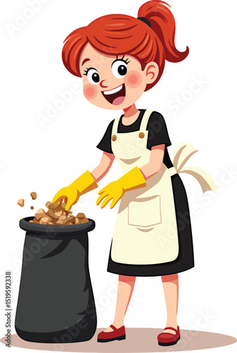 Cartoon woman cleaning garbage illustration vector art for waste management and recycling concept design