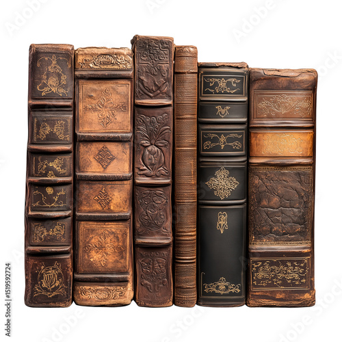A set of old books isolated on a transparent background