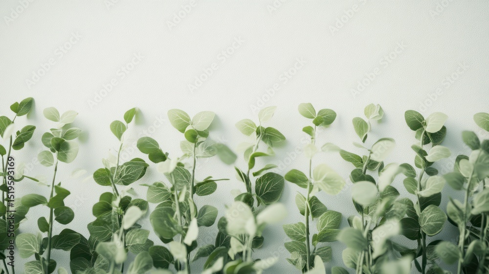 Fototapeta premium Green leafy sprigs line the bottom of a bright white space, facing upward