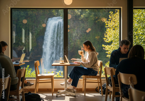 a peaceful coffee shop or cafe experience, working or studying on laptops while gazing out at a stunning view of a powerful waterfall and lush natural scenery through large windows