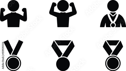 A set of black silhouette icons depicting figures with medals and flexing muscles on a white background