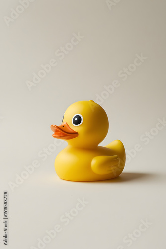 Yellow rubber duck on white towel background