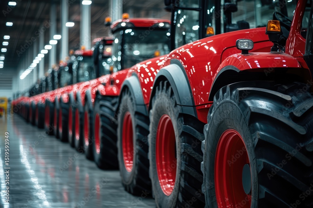 Obraz premium A Row of Red Modern Tractors in a Warehouse Factory