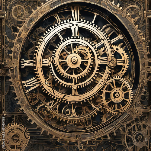 Volumetric Light Clockwork Mechanism Woodcut Illustration for SEO