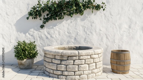 Stone well, potted bush, and barrel against a white textured wall on a sunny day