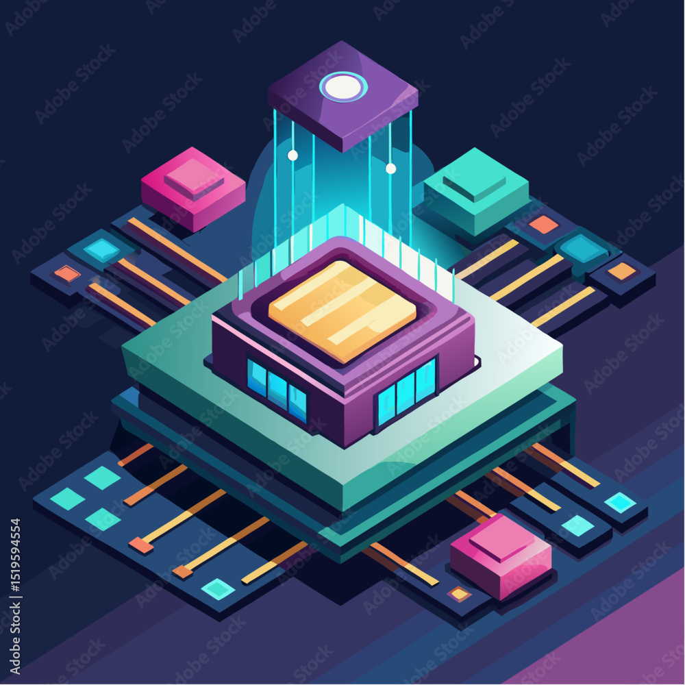 Fototapeta premium Futuristic vector illustration of abstract 3d processor chip with glowing connections data transfer and geometric components in vibrant neon style representing digital technology and computing infrast