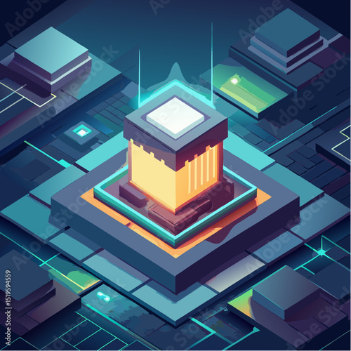 Futuristic vector illustration of glowing central processor unit in isometric style with circuit board background and neon lighting for digital technology computing infrastructure and innovation conce