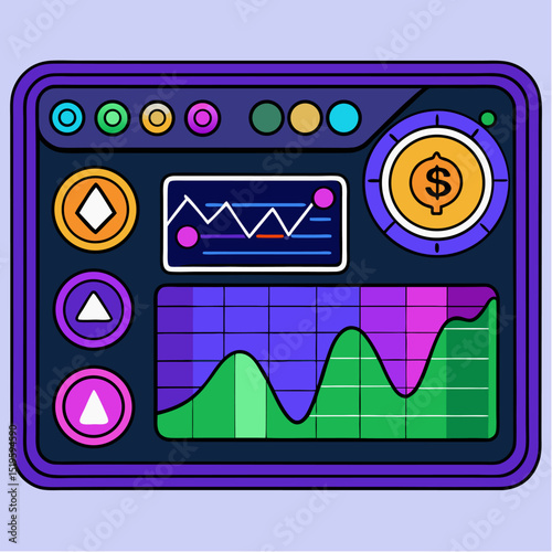 Colorful vector illustration of futuristic financial dashboard interface with charts buttons currency icon and glowing UI elements in modern flat style for finance technology and digital investment co