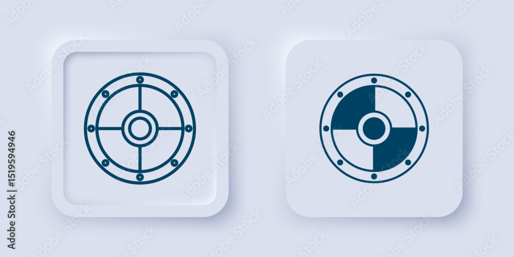 Fototapeta premium Filled and outline Round wooden shield icon isolated on grey background. Security, safety, protection, privacy, guard concept. Square button. Vector