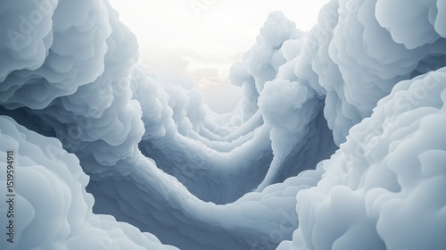 Abstract landscape with layered white & blue textures; resembles clouds or ice