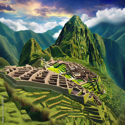 Machu Picchu Pointillism Style 3D Animation: A Stunning Artistic Rendering