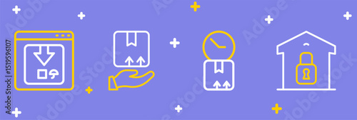 Set line Closed warehouse, Cardboard box with clock, Delivery hand and Online app delivery tracking icon. Vector