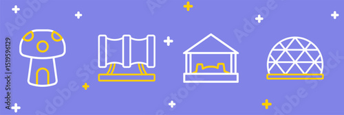 Set line Playground climbing equipment, Sandbox with sand, Kid playground slide pipe and Mushroom house icon. Vector