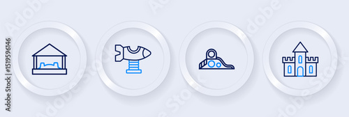 Set line Sand castle, Slide playground, Swing plane and Sandbox with sand icon. Vector