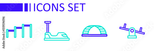 Set line Seesaw, Monkey bar, Bumper car and Sport horizontal icon. Vector