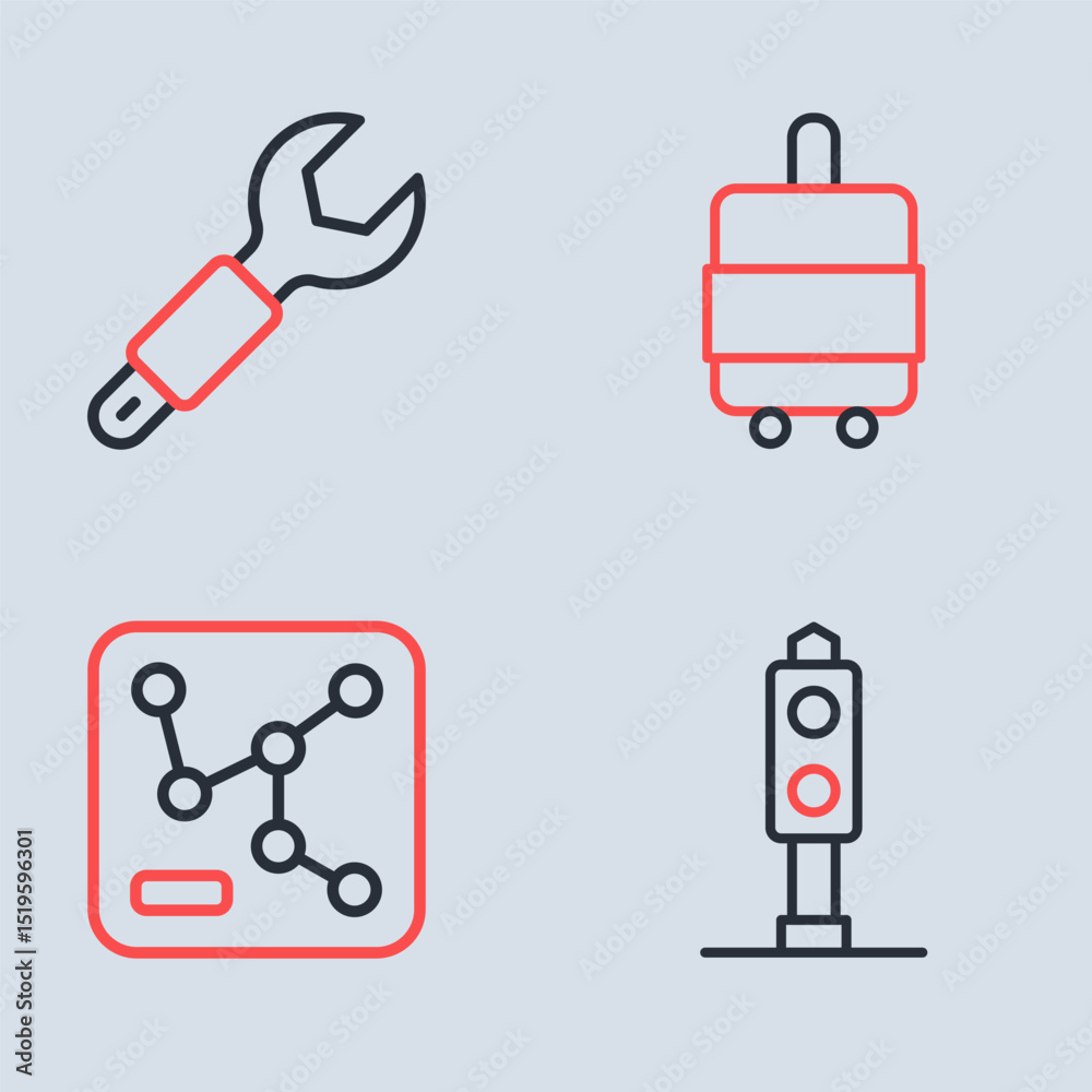 Set line Suitcase, Railway map, Train traffic light and Wrench spanner icon. Vector Set line Suitcase, Railway map, Train traffic light and Wrench spanner icon. Vector