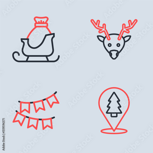 Set line Reindeer, Carnival garland with flags, Christmas tree and santa claus sleigh icon. Vector