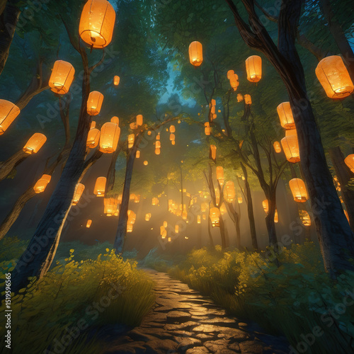 Forest of Lanterns Rendered with Analogous Colors in Point Cloud Medium