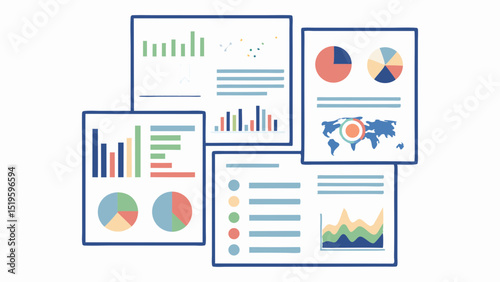 Collection of business data reports with bar graphs, pie charts, line graphs and world map illustration