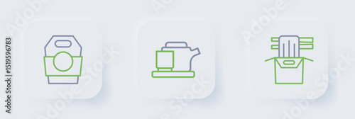 Set line Asian noodles in paper box, Traditional tea ceremony and icon. Vector