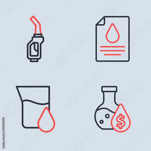 Set line Contract money and pen, Oil petrol test tube, and Gasoline pump nozzle icon. Vector