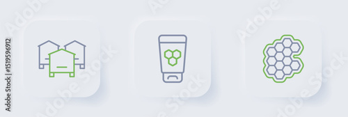 Set line Honeycomb, Cosmetic tube with honey and Hive for bees icon. Vector
