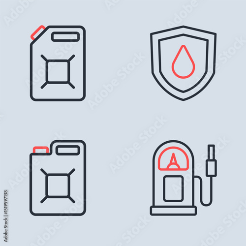 Set line Oil drop on shield, Canister for gasoline, Petrol station and icon. Vector