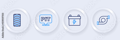 Set line Automotive turbocharger, Car battery, Pit stop and tire wheel icon. Vector