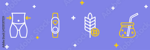 Set line Fresh smoothie, Gluten free grain, Smart watch with heart and Women waist icon. Vector