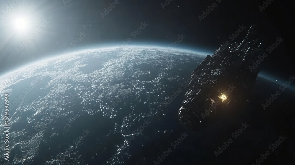 Obraz premium Futuristic Spaceship Orbiting Earth Dramatic Space Exploration Scene Sci Fi Artwork