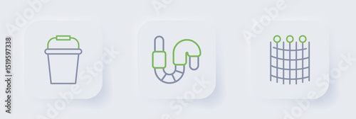 Set line Fishing net pattern, Worm and bucket icon. Vector
